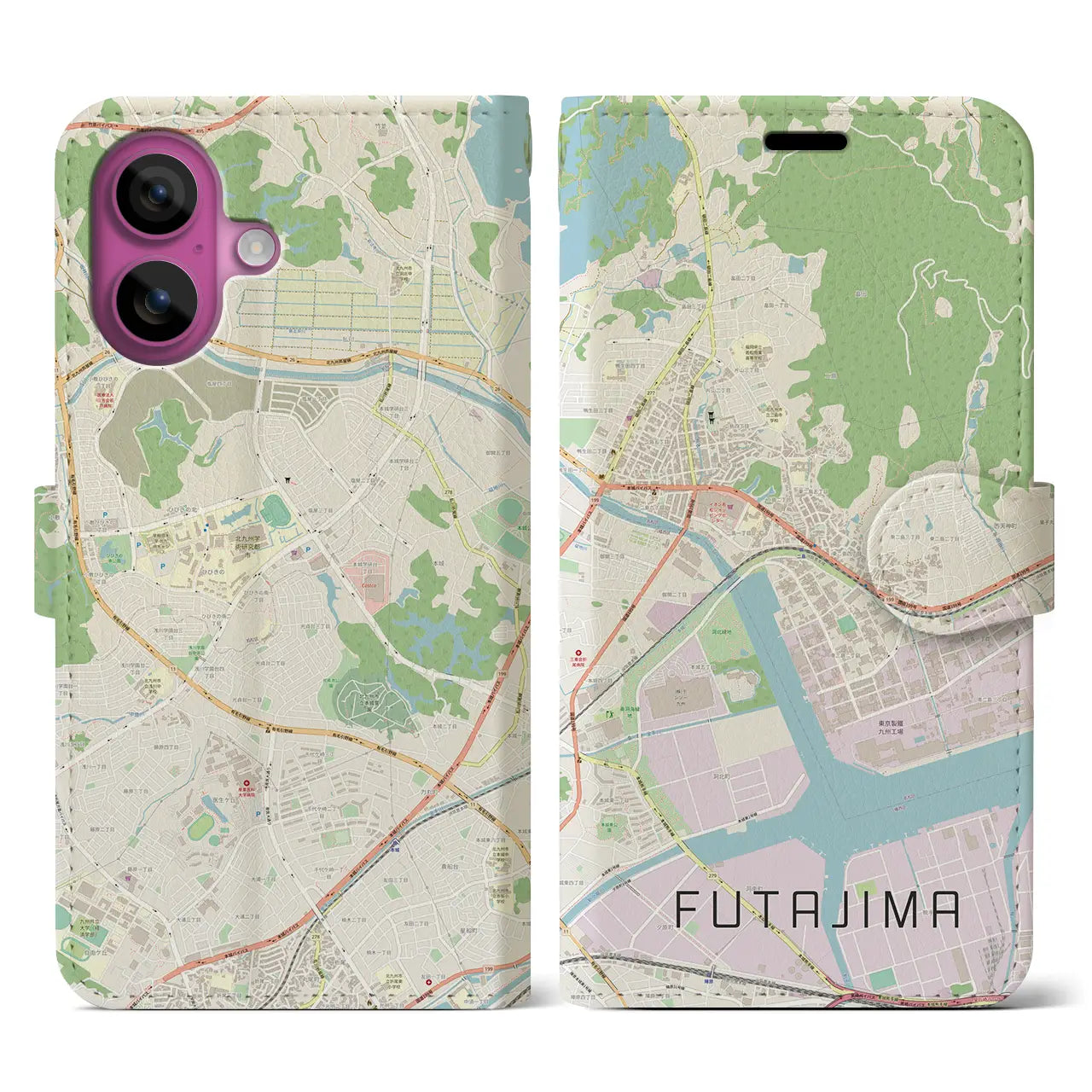 【二島(福岡県)】地図柄iPhoneケース(手帳タイプ)ナチュラル・iPhone 16 Pro 用