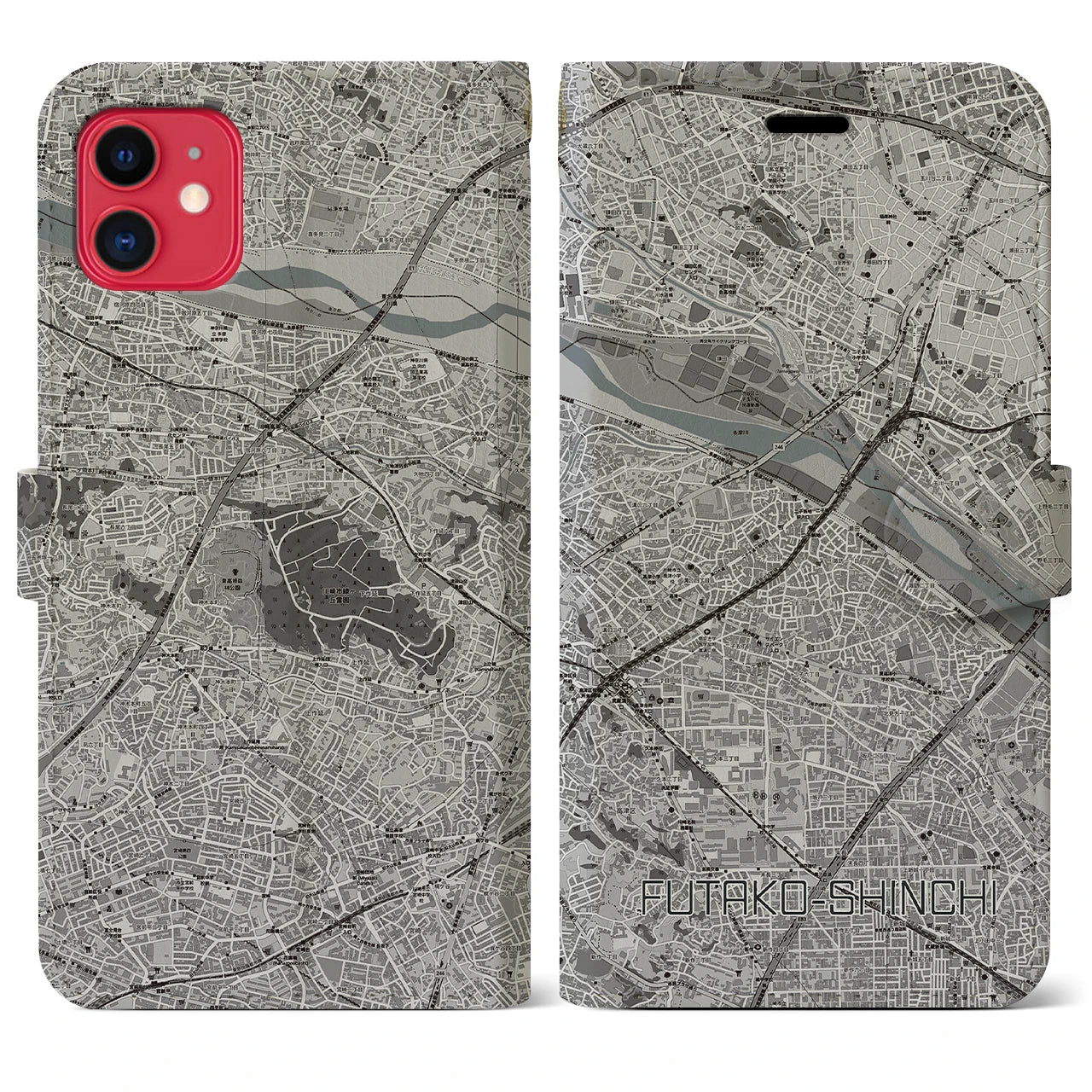 【二子新地(神奈川県)】地図柄iPhoneケース(手帳タイプ)モノトーン・iPhone 11 用
