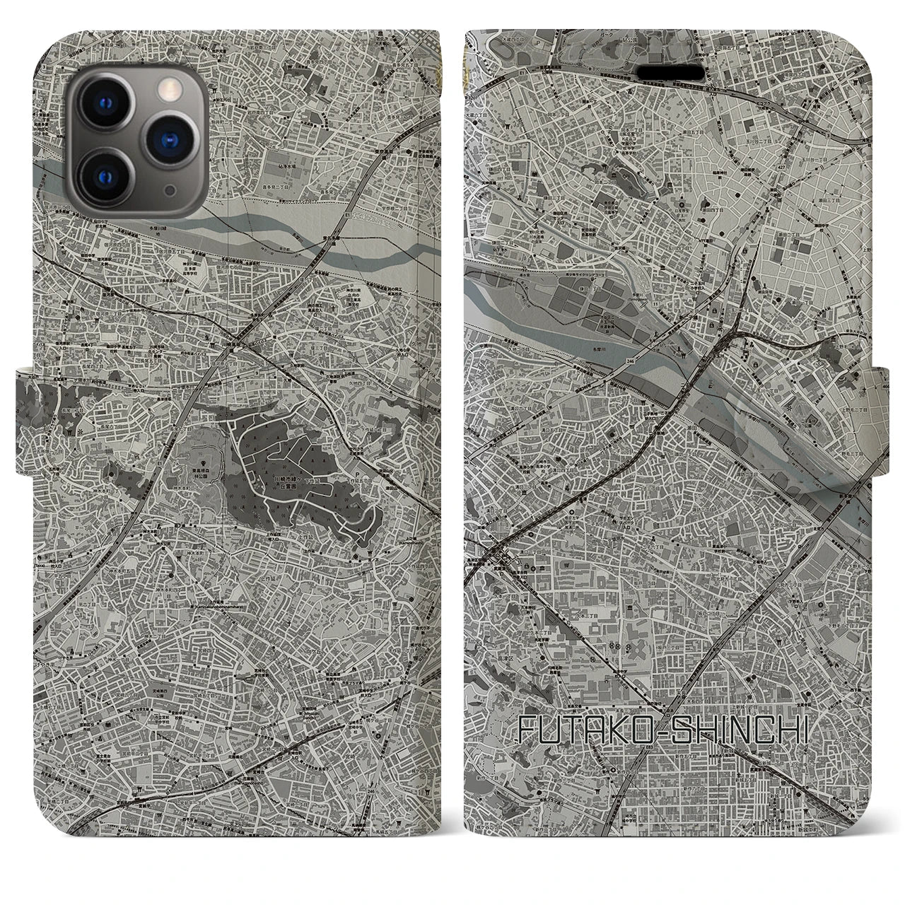 【二子新地(神奈川県)】地図柄iPhoneケース(手帳タイプ)モノトーン・iPhone 11 Pro Max 用