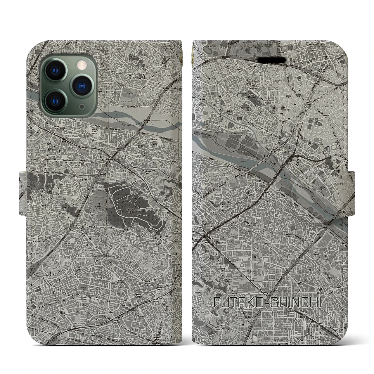 【二子新地(神奈川県)】地図柄iPhoneケース(手帳タイプ)モノトーン・iPhone 11 Pro 用