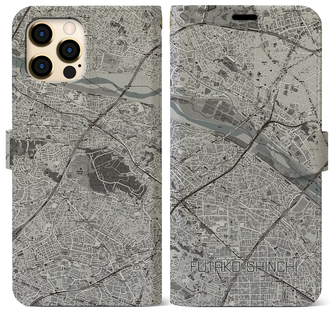 【二子新地(神奈川県)】地図柄iPhoneケース(手帳タイプ)モノトーン・iPhone 12 Pro Max 用
