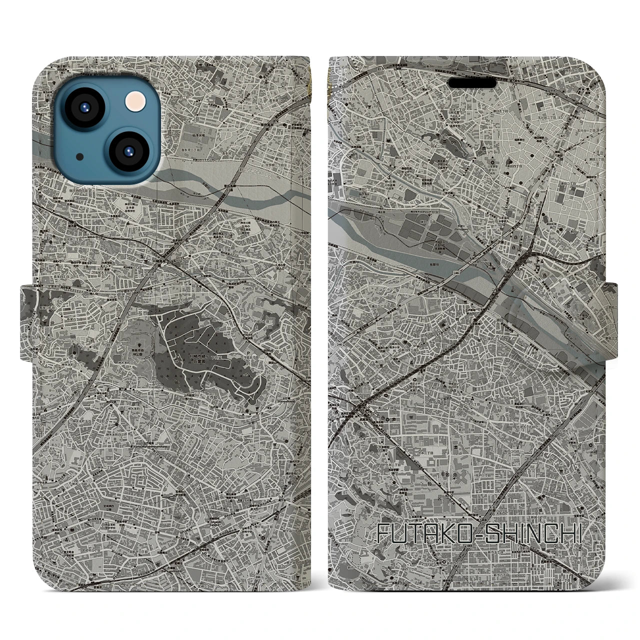 【二子新地(神奈川県)】地図柄iPhoneケース(手帳タイプ)モノトーン・iPhone 13 用