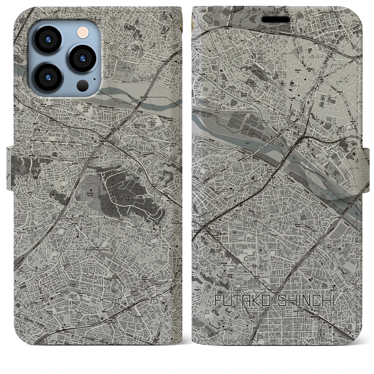 【二子新地(神奈川県)】地図柄iPhoneケース(手帳タイプ)モノトーン・iPhone 13 Pro Max 用