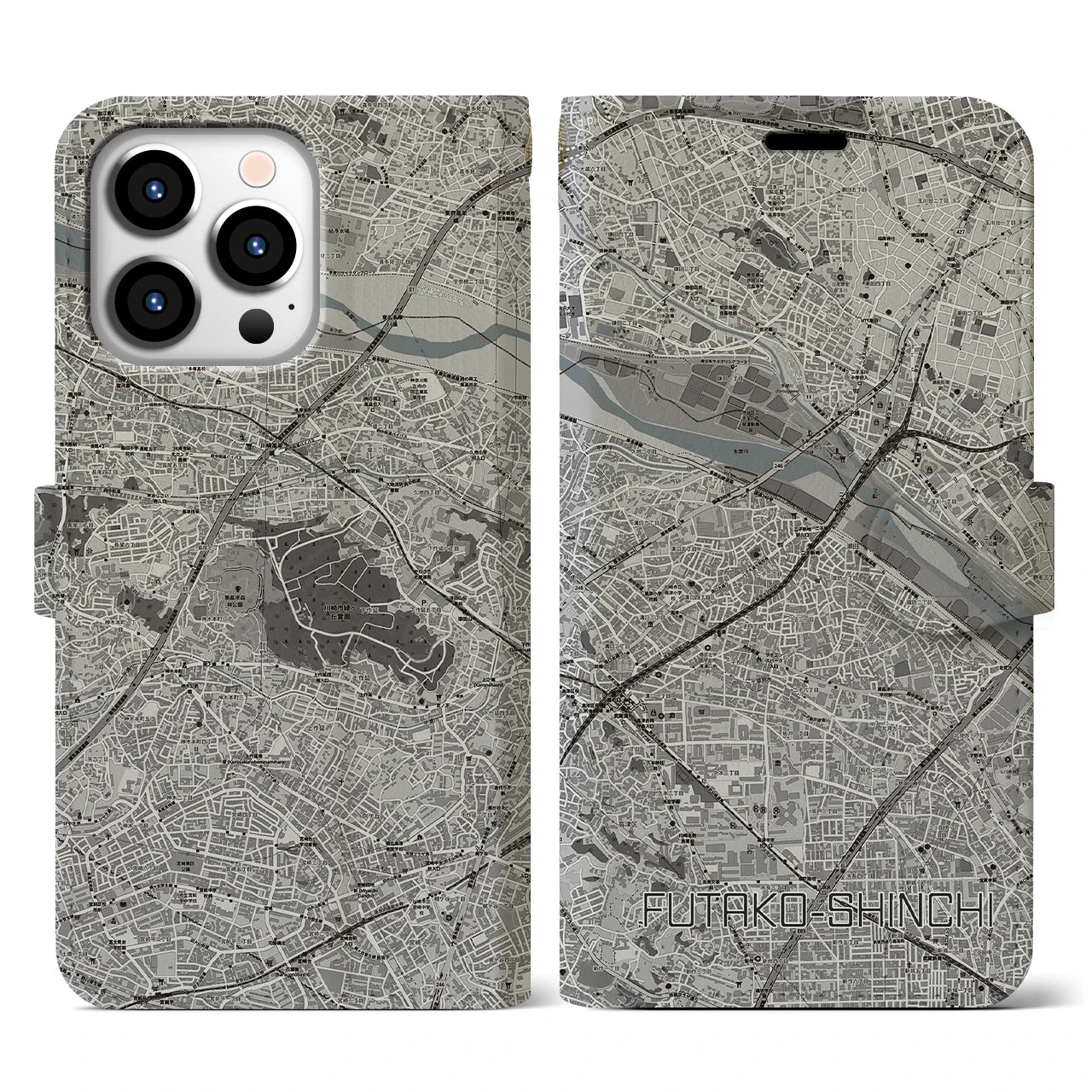 【二子新地(神奈川県)】地図柄iPhoneケース(手帳タイプ)モノトーン・iPhone 13 Pro 用