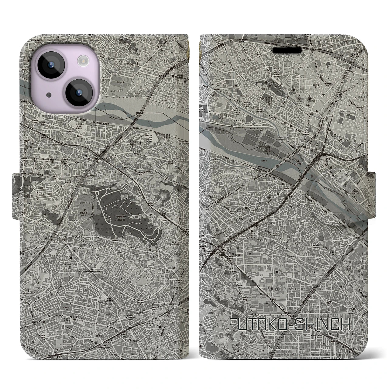 【二子新地(神奈川県)】地図柄iPhoneケース(手帳タイプ)モノトーン・iPhone 14 用
