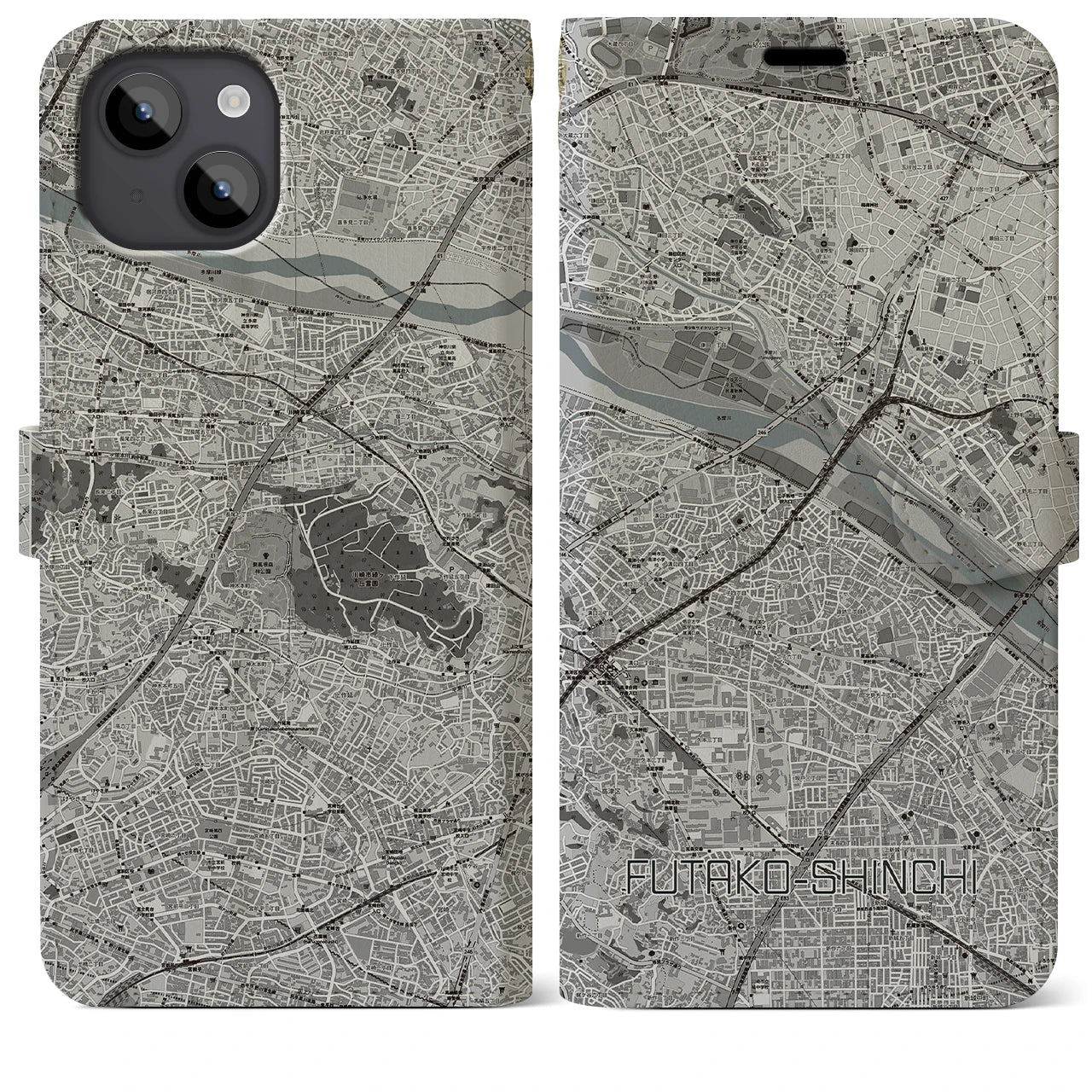 【二子新地(神奈川県)】地図柄iPhoneケース(手帳タイプ)モノトーン・iPhone 14 Plus 用