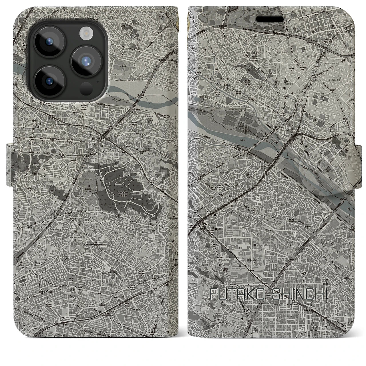 【二子新地(神奈川県)】地図柄iPhoneケース(手帳タイプ)モノトーン・iPhone 15 Pro Max 用