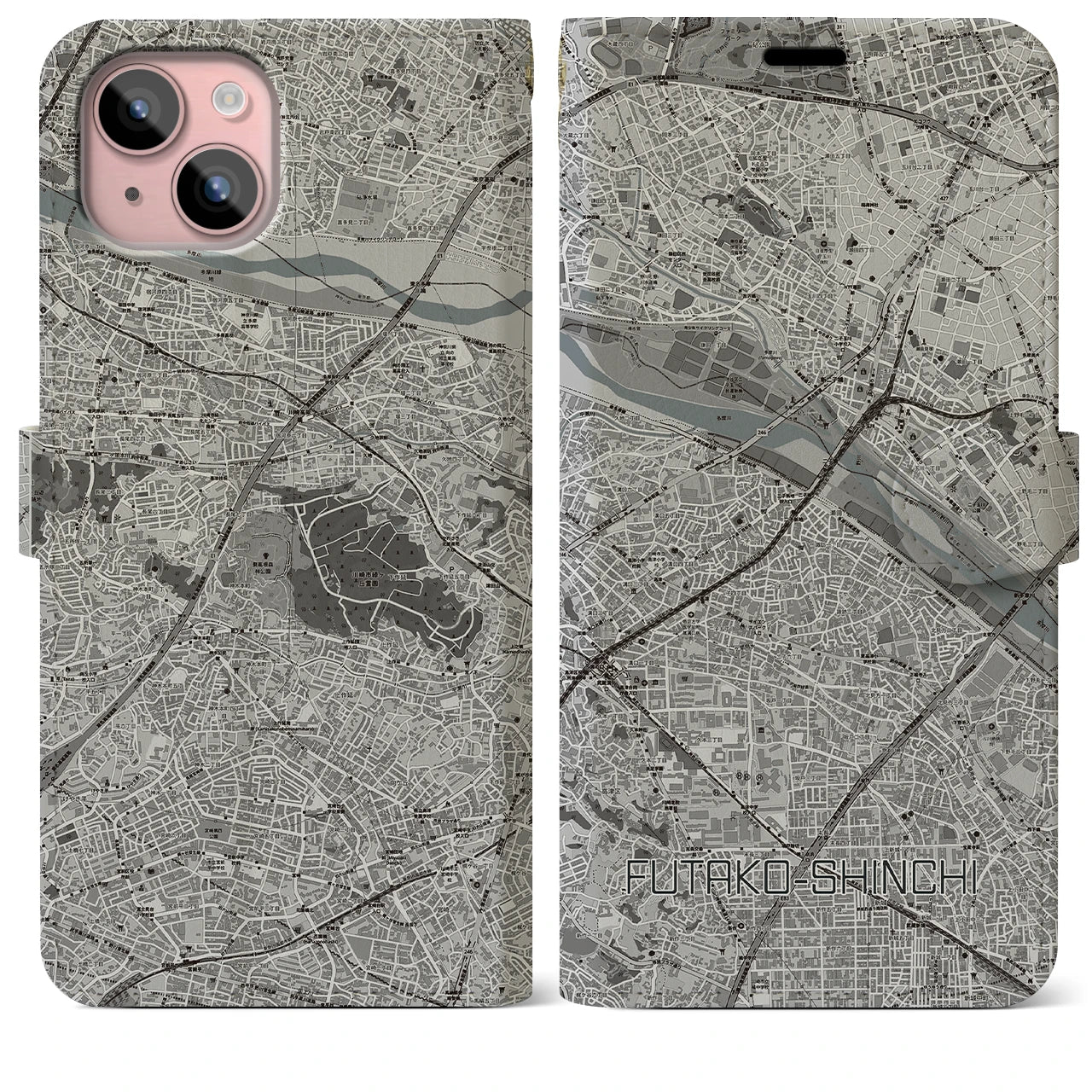 【二子新地(神奈川県)】地図柄iPhoneケース(手帳タイプ)モノトーン・iPhone 15 Plus 用