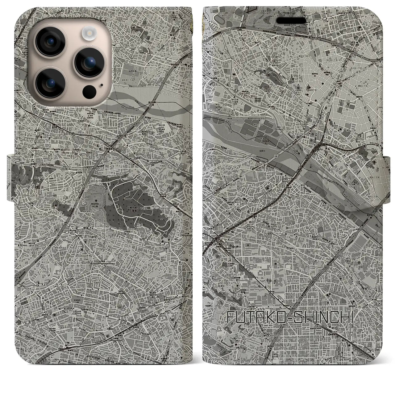 【二子新地(神奈川県)】地図柄iPhoneケース(手帳タイプ)モノトーン・iPhone 16 Plus 用
