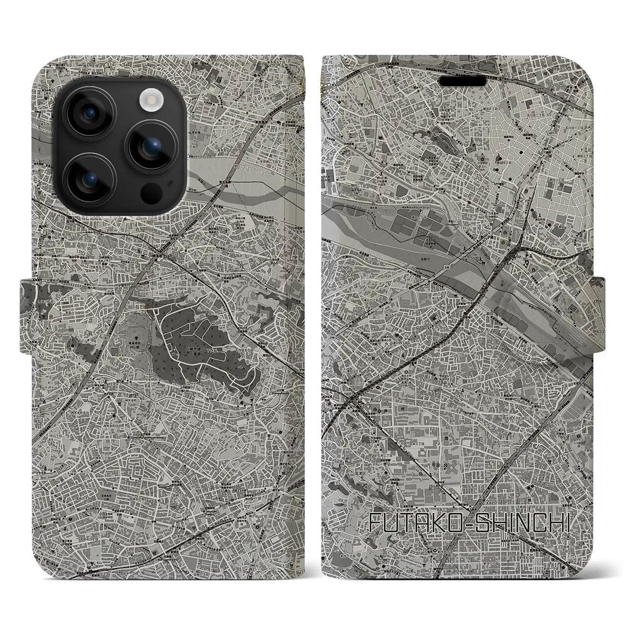 【二子新地(神奈川県)】地図柄iPhoneケース(手帳タイプ)モノトーン・iPhone 16 用