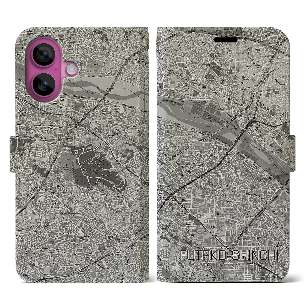 【二子新地(神奈川県)】地図柄iPhoneケース(手帳タイプ)モノトーン・iPhone 16 Pro 用