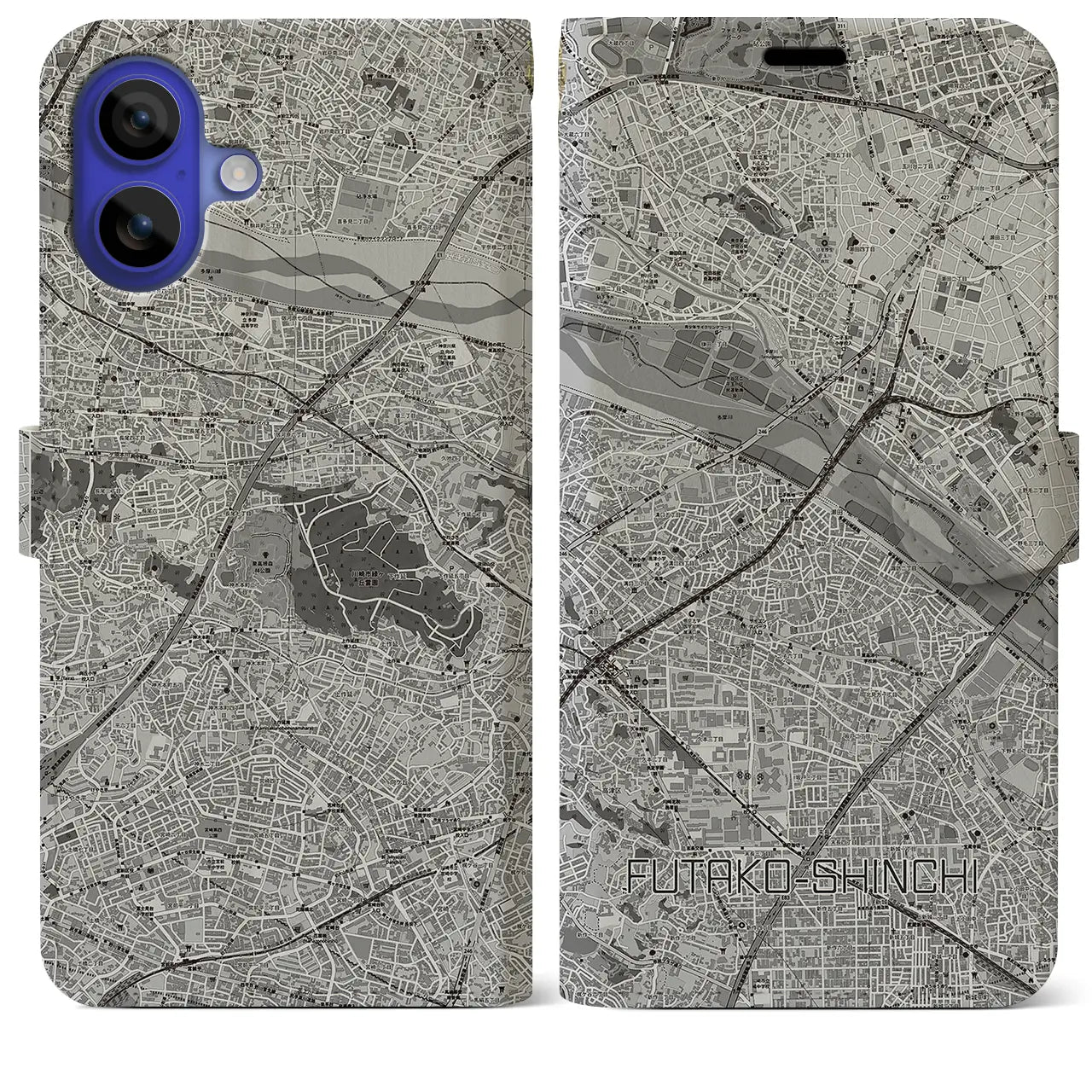 【二子新地(神奈川県)】地図柄iPhoneケース(手帳タイプ)モノトーン・iPhone 16 Pro Max 用
