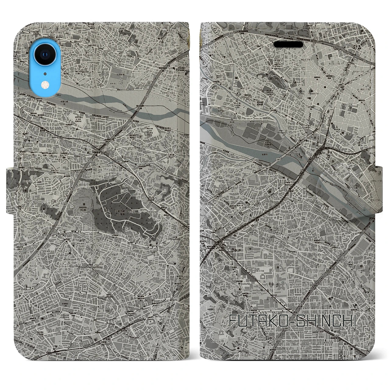 【二子新地(神奈川県)】地図柄iPhoneケース(手帳タイプ)モノトーン・iPhone XR 用