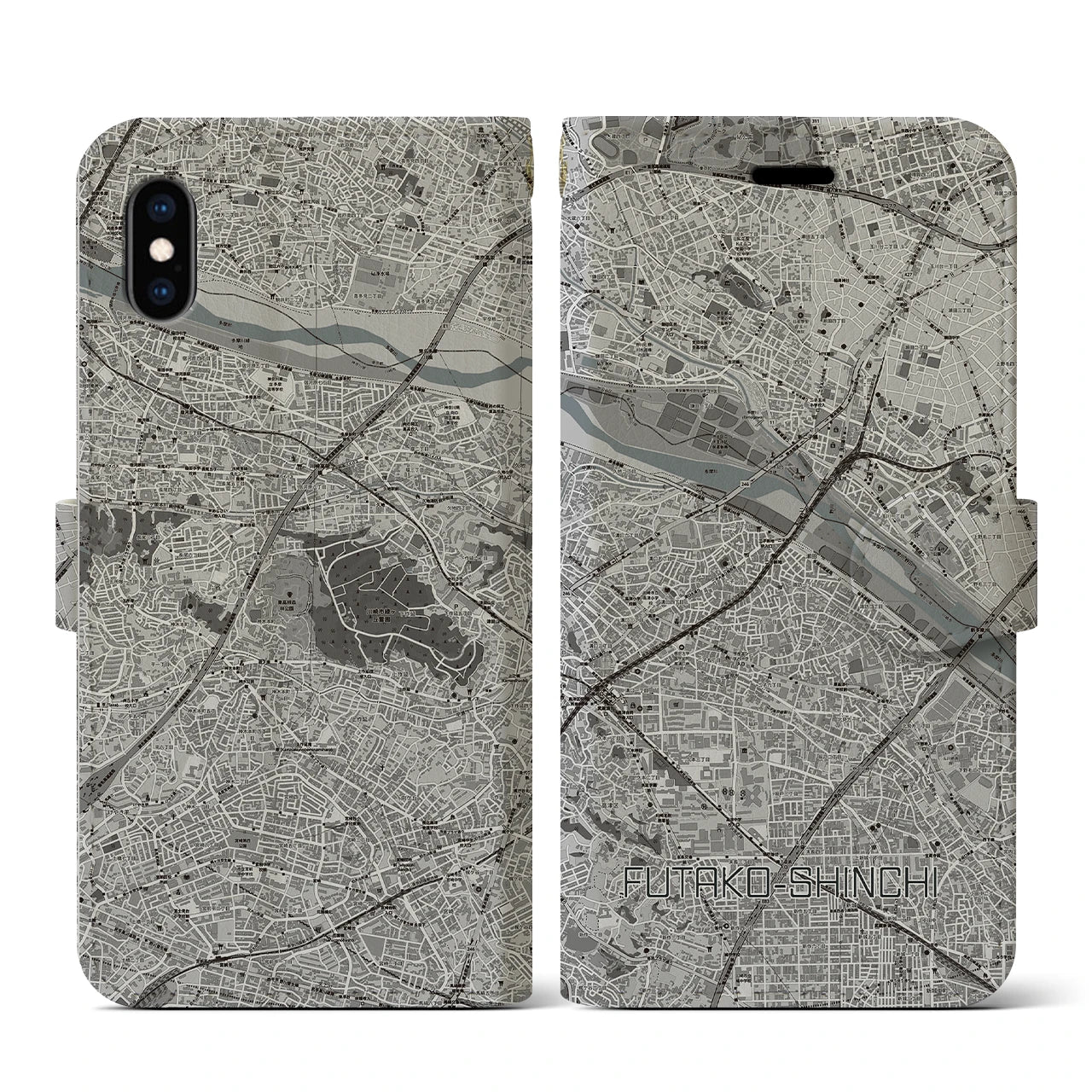 【二子新地(神奈川県)】地図柄iPhoneケース(手帳タイプ)モノトーン・iPhone XS / X 用