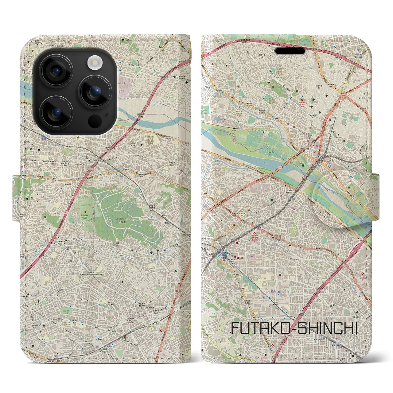 【二子新地(神奈川県)】地図柄iPhoneケース(手帳タイプ)ナチュラル・iPhone 16 用
