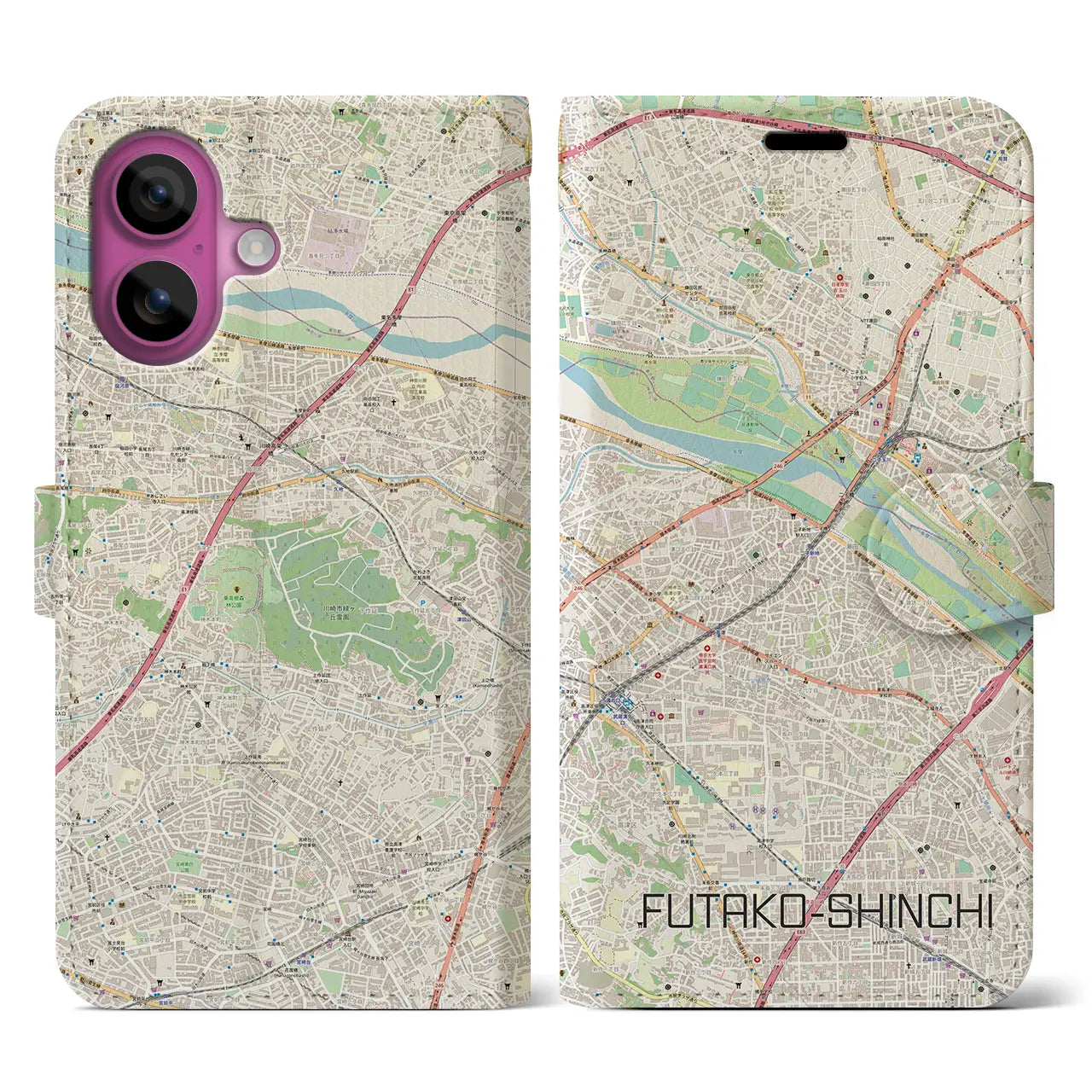 【二子新地(神奈川県)】地図柄iPhoneケース(手帳タイプ)ナチュラル・iPhone 16 Pro 用