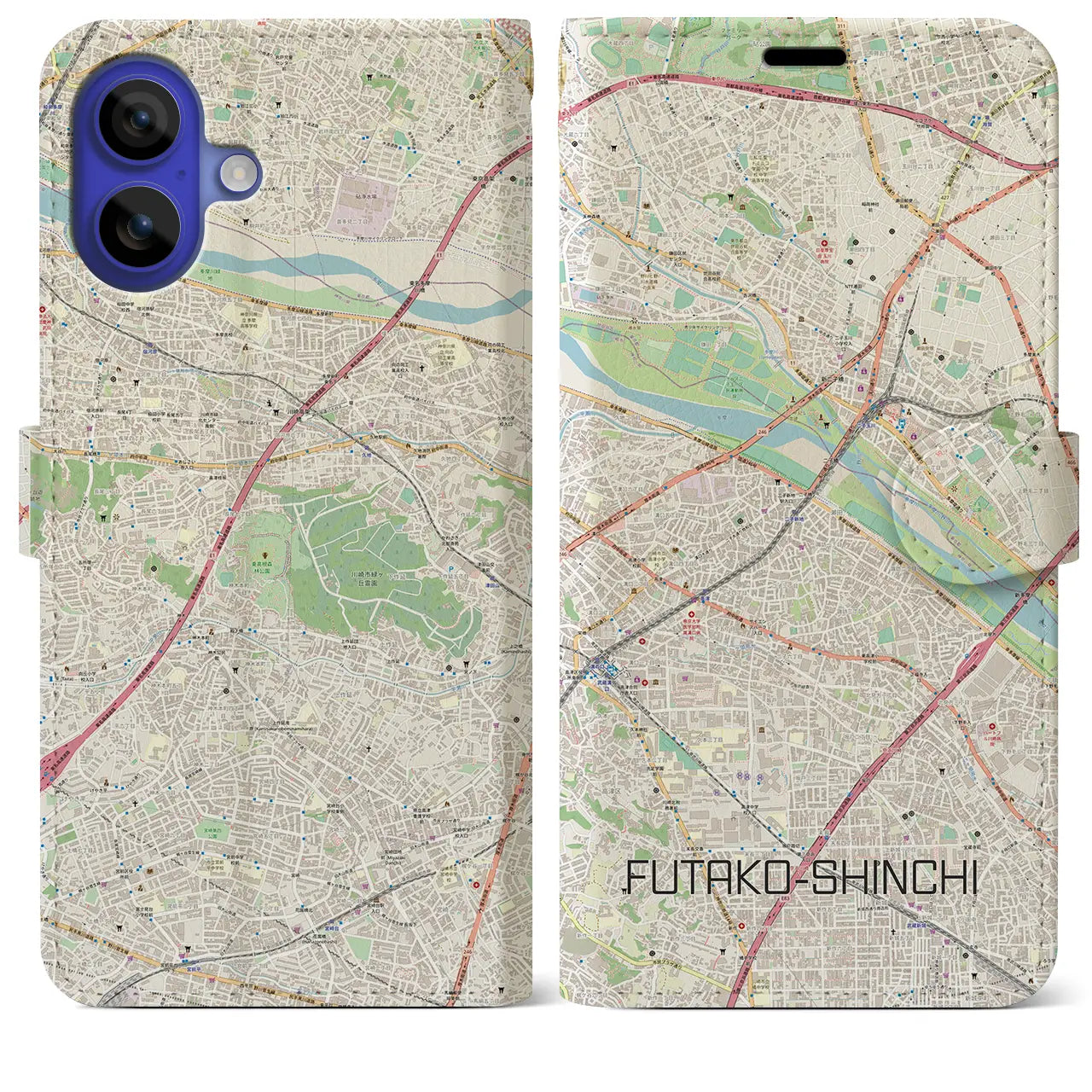 【二子新地(神奈川県)】地図柄iPhoneケース(手帳タイプ)ナチュラル・iPhone 16 Pro Max 用