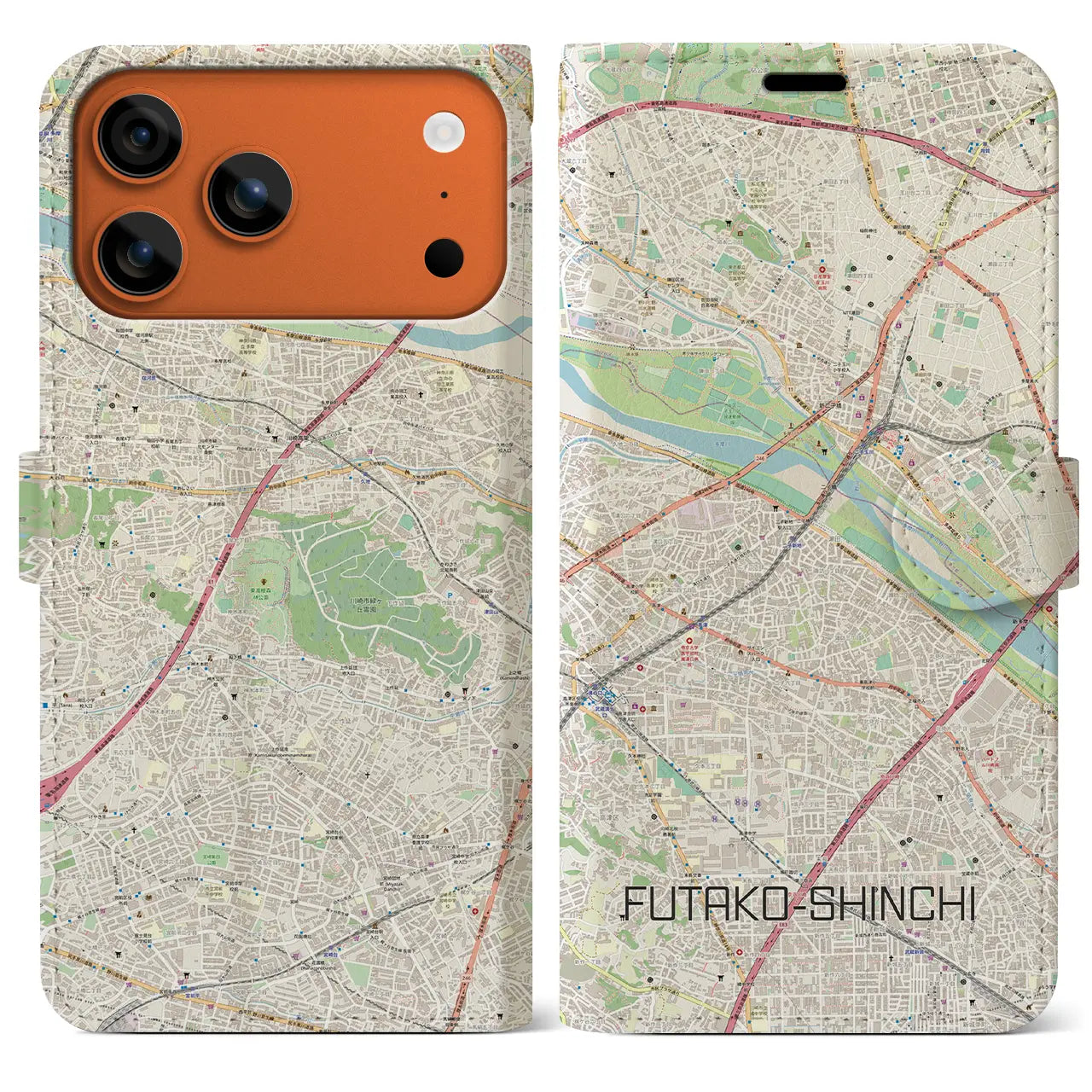 【二子新地(神奈川県)】地図柄iPhoneケース(手帳タイプ)モノトーン・iPhone 17 Pro Max 用