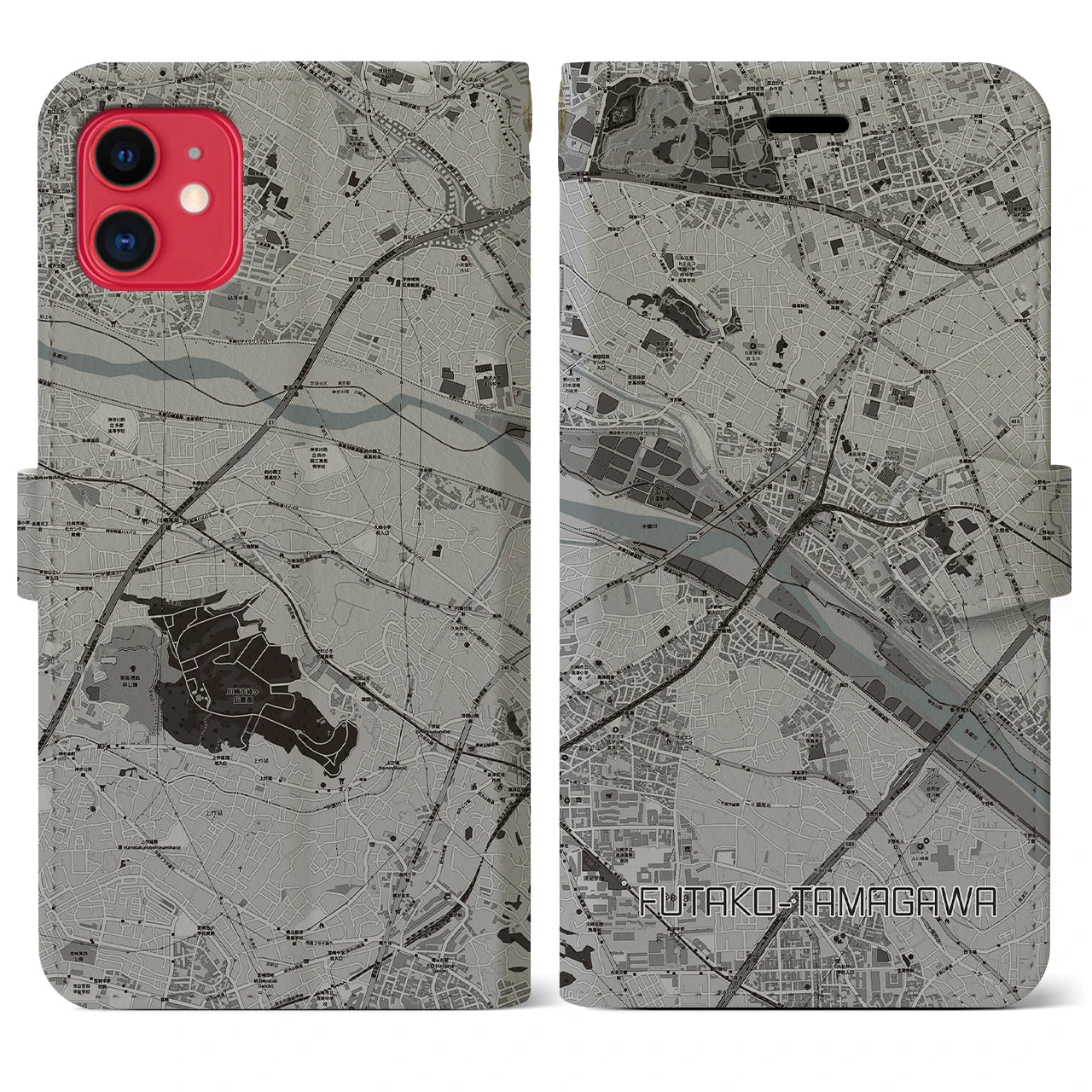 【二子玉川(東京都)】地図柄iPhoneケース(手帳タイプ)モノトーン・iPhone 11 用