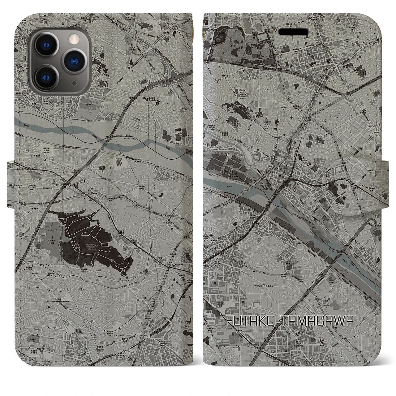 【二子玉川(東京都)】地図柄iPhoneケース(手帳タイプ)モノトーン・iPhone 11 Pro Max 用