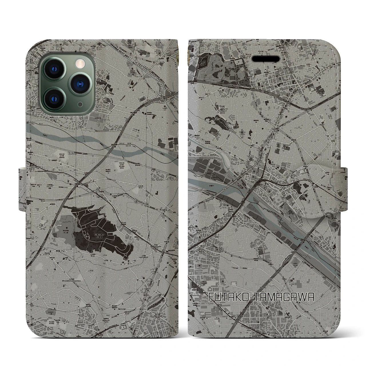【二子玉川(東京都)】地図柄iPhoneケース(手帳タイプ)モノトーン・iPhone 11 Pro 用