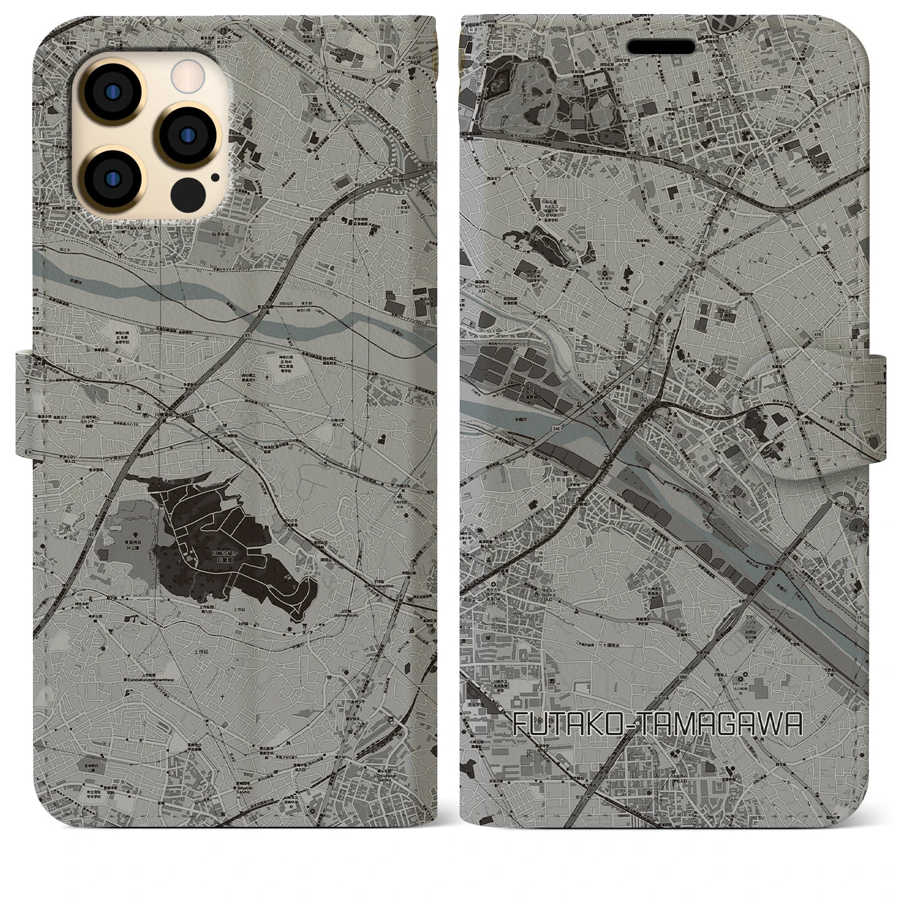 【二子玉川(東京都)】地図柄iPhoneケース(手帳タイプ)モノトーン・iPhone 12 Pro Max 用