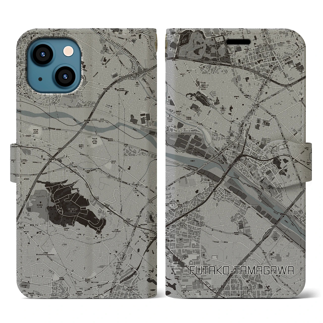 【二子玉川(東京都)】地図柄iPhoneケース(手帳タイプ)モノトーン・iPhone 13 用