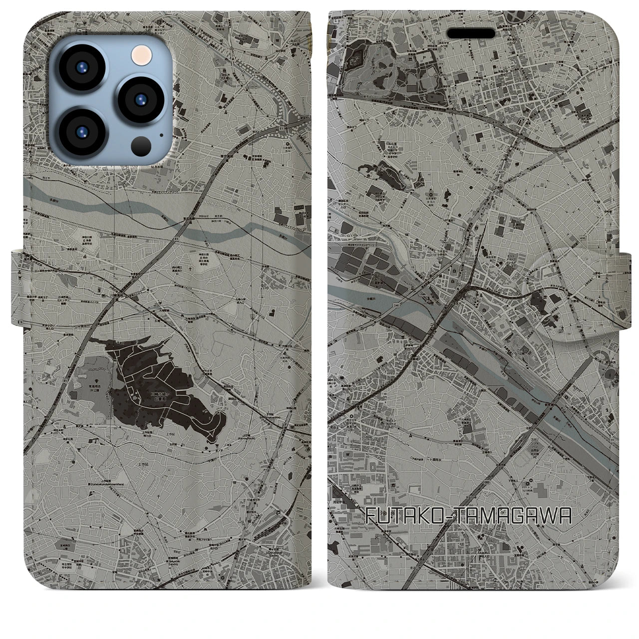 【二子玉川(東京都)】地図柄iPhoneケース(手帳タイプ)モノトーン・iPhone 13 Pro Max 用