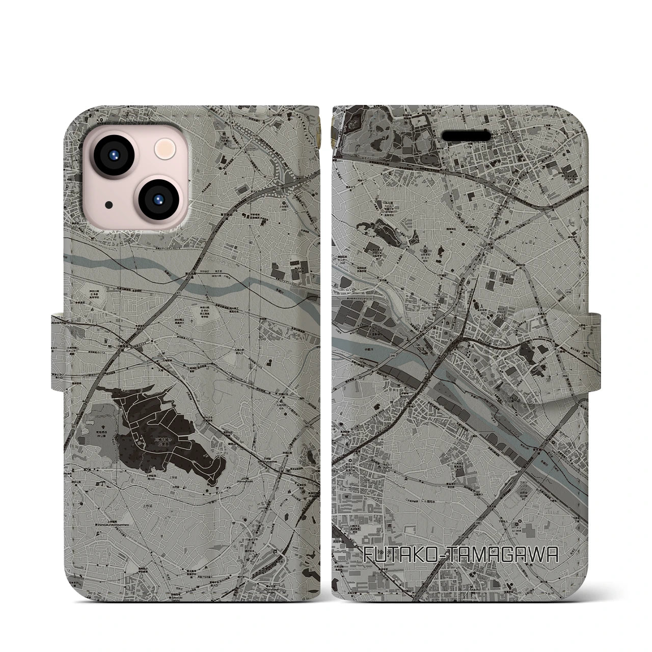 【二子玉川(東京都)】地図柄iPhoneケース(手帳タイプ)モノトーン・iPhone 13 mini 用
