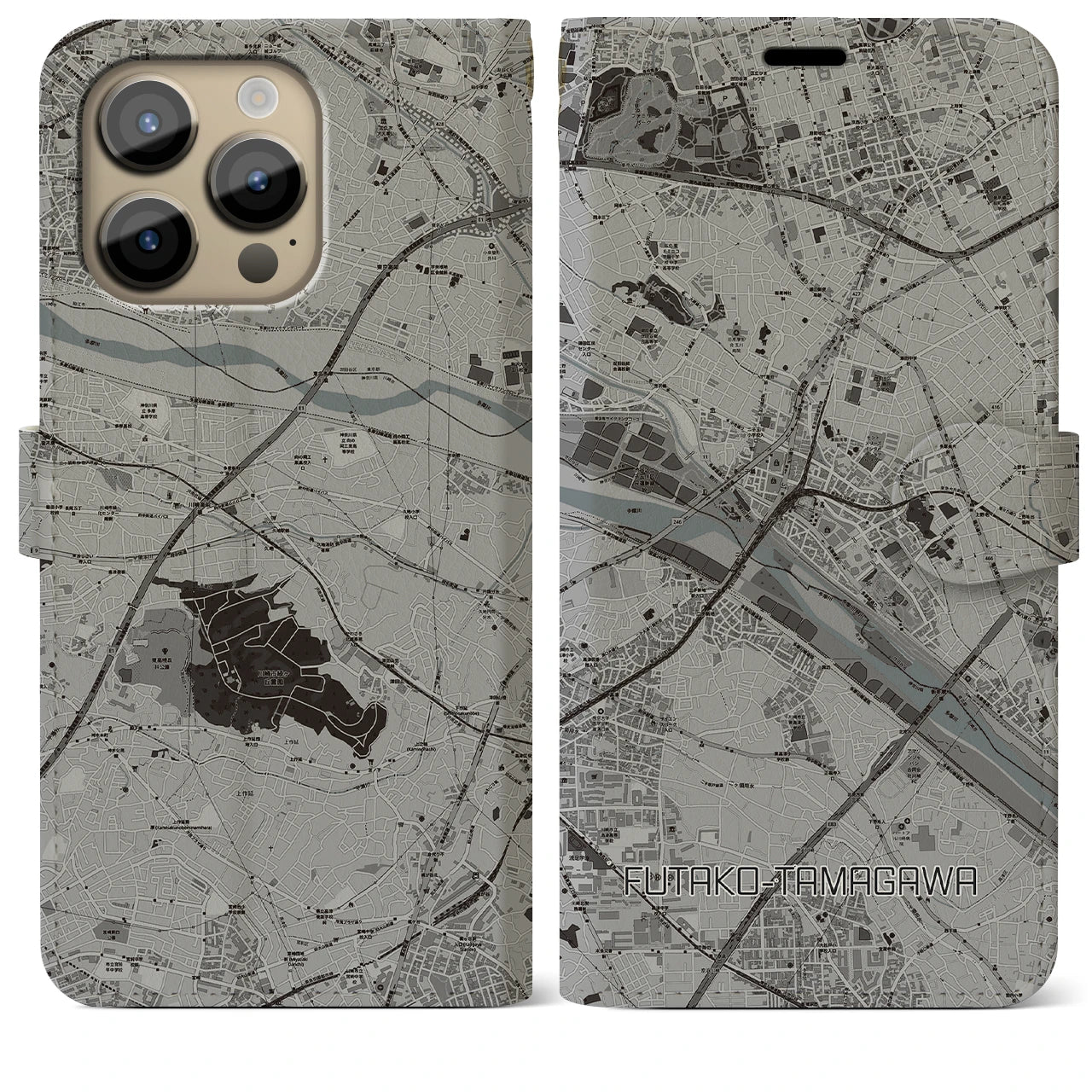 【二子玉川(東京都)】地図柄iPhoneケース(手帳タイプ)モノトーン・iPhone 14 Pro Max 用