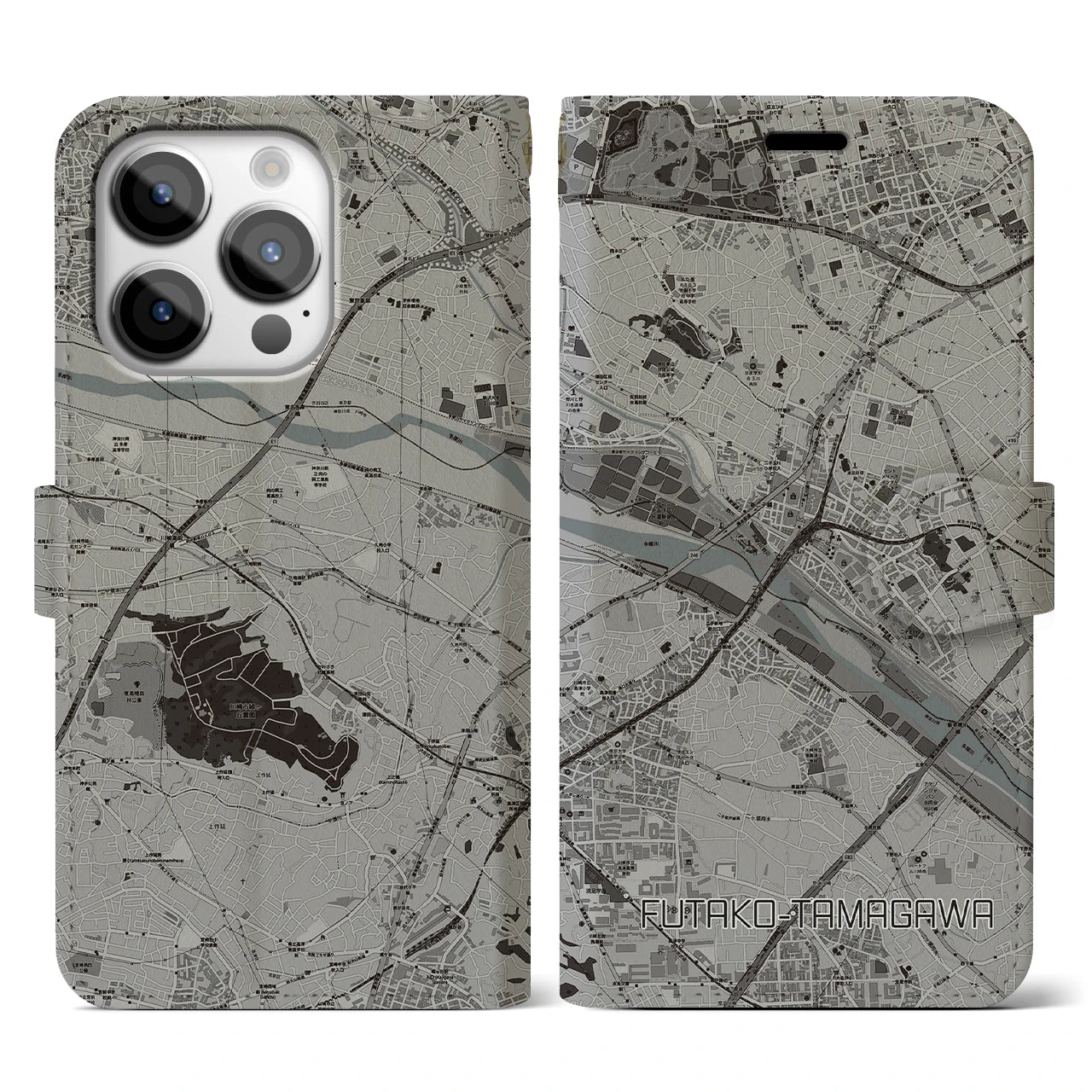 【二子玉川(東京都)】地図柄iPhoneケース(手帳タイプ)モノトーン・iPhone 14 Pro 用