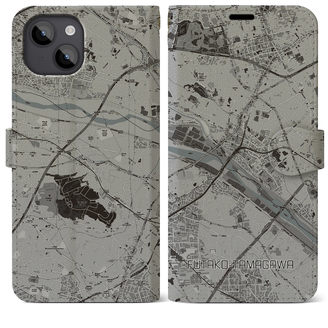 【二子玉川(東京都)】地図柄iPhoneケース(手帳タイプ)モノトーン・iPhone 14 Plus 用