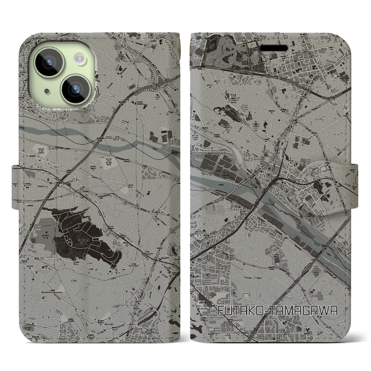 【二子玉川(東京都)】地図柄iPhoneケース(手帳タイプ)モノトーン・iPhone 15 用