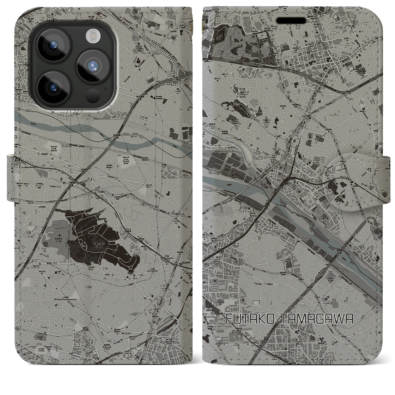 【二子玉川(東京都)】地図柄iPhoneケース(手帳タイプ)モノトーン・iPhone 15 Pro Max 用