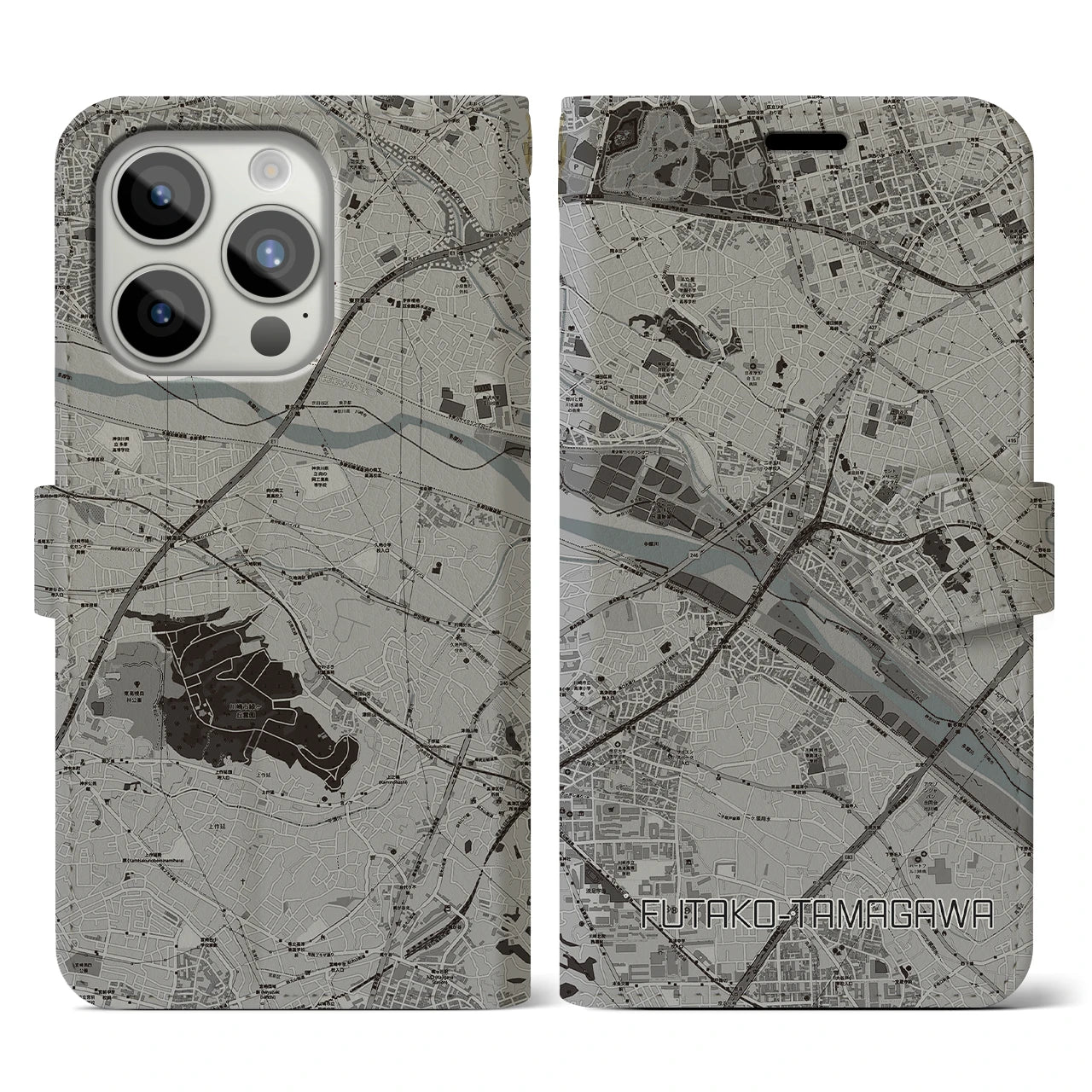 【二子玉川(東京都)】地図柄iPhoneケース(手帳タイプ)モノトーン・iPhone 15 Pro 用