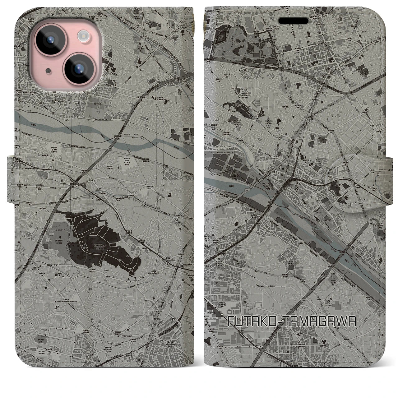 【二子玉川(東京都)】地図柄iPhoneケース(手帳タイプ)モノトーン・iPhone 15 Plus 用