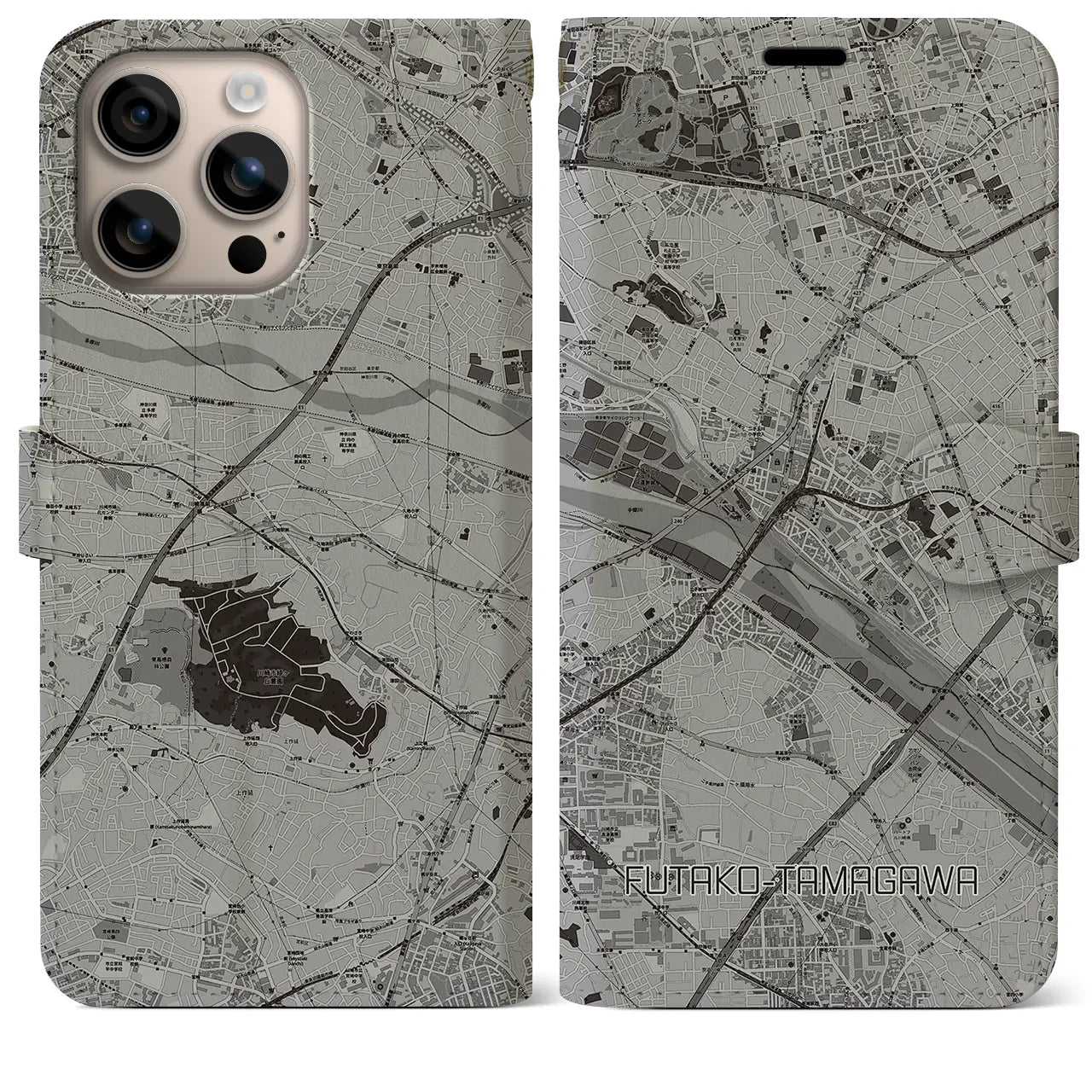 【二子玉川(東京都)】地図柄iPhoneケース(手帳タイプ)モノトーン・iPhone 16 Plus 用