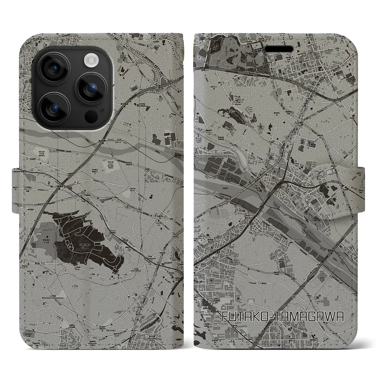 【二子玉川(東京都)】地図柄iPhoneケース(手帳タイプ)モノトーン・iPhone 16 用