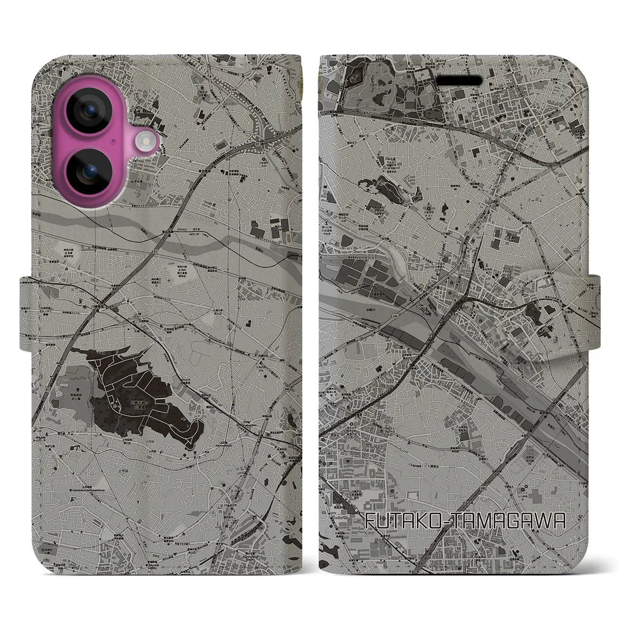 【二子玉川(東京都)】地図柄iPhoneケース(手帳タイプ)モノトーン・iPhone 16 Pro 用