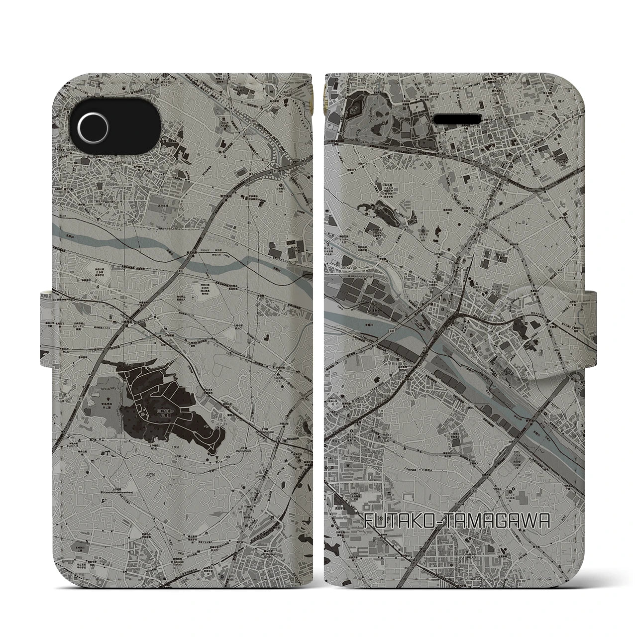 【二子玉川(東京都)】地図柄iPhoneケース(手帳タイプ)モノトーン・iPhone SE(第3 / 第2世代) / 8 / 7 / 6s / 6 用