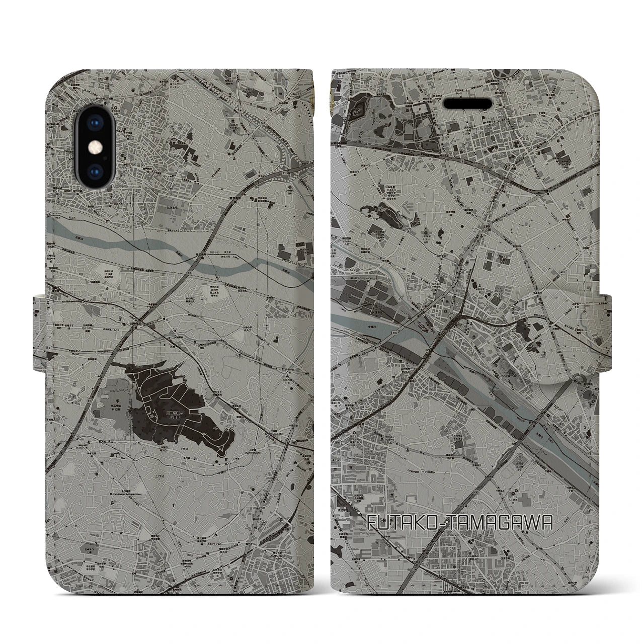 【二子玉川(東京都)】地図柄iPhoneケース(手帳タイプ)モノトーン・iPhone XS / X 用
