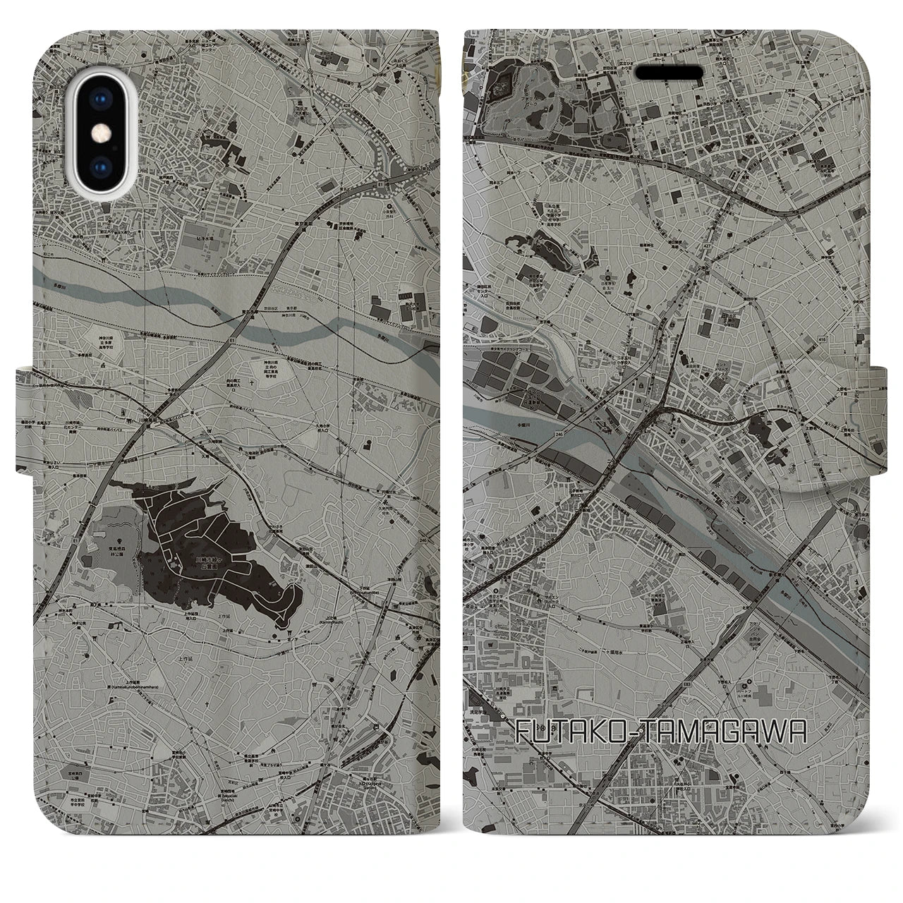 【二子玉川(東京都)】地図柄iPhoneケース(手帳タイプ)モノトーン・iPhone XS Max 用