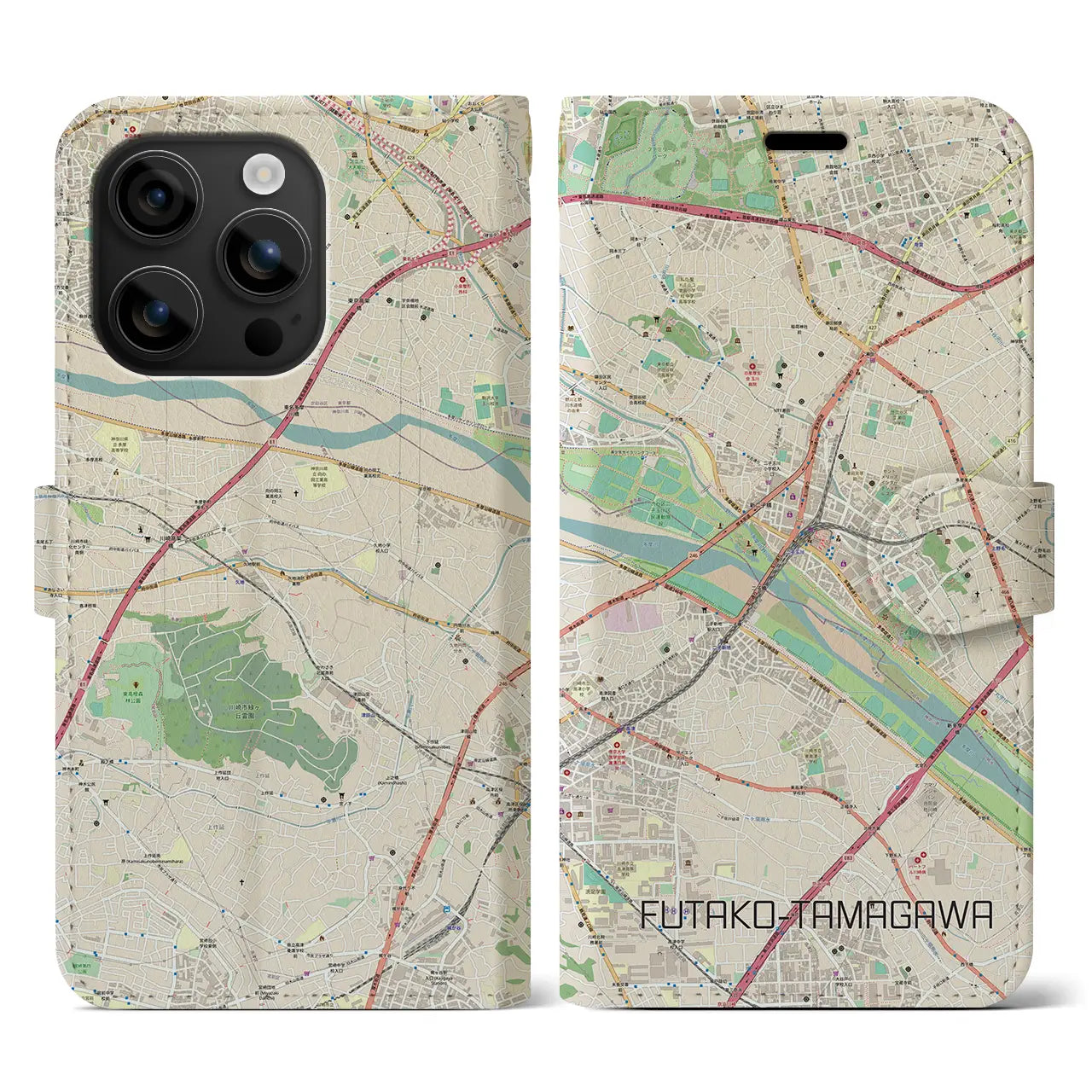 【二子玉川(東京都)】地図柄iPhoneケース(手帳タイプ)ナチュラル・iPhone 16 用