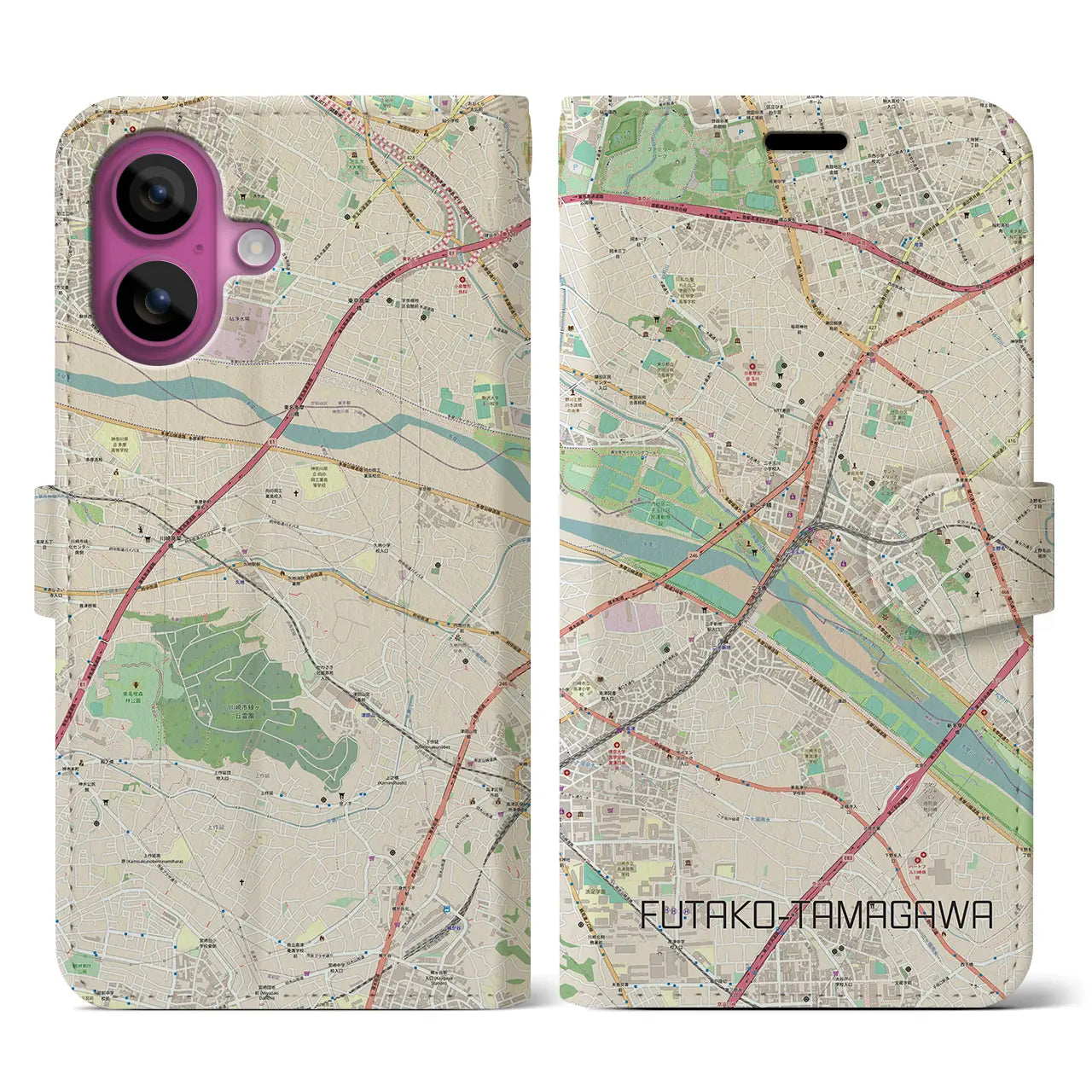 【二子玉川(東京都)】地図柄iPhoneケース(手帳タイプ)ナチュラル・iPhone 16 Pro 用