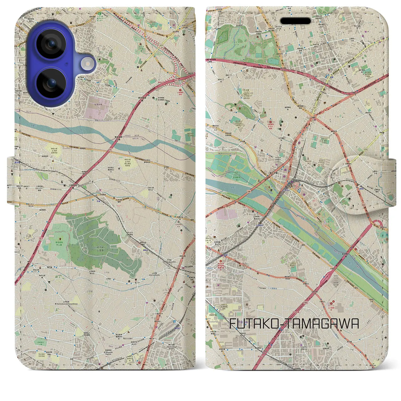 【二子玉川(東京都)】地図柄iPhoneケース(手帳タイプ)ナチュラル・iPhone 16 Pro Max 用