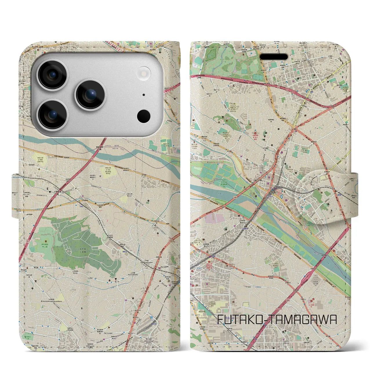 【二子玉川(東京都)】地図柄iPhoneケース(手帳タイプ)モノトーン・iPhone 17 Pro Max 用