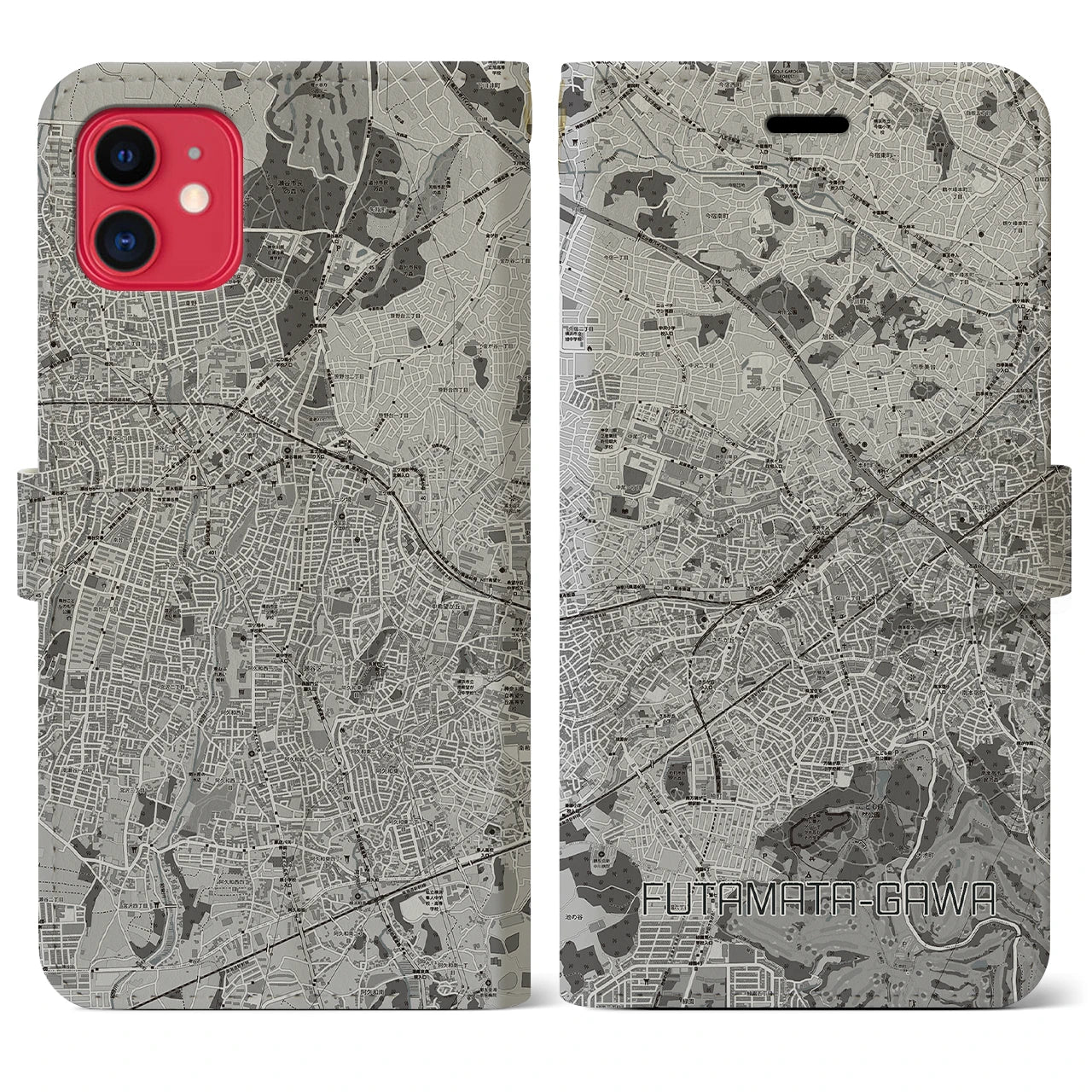 【二俣川(神奈川県)】地図柄iPhoneケース(手帳タイプ)モノトーン・iPhone 11 用
