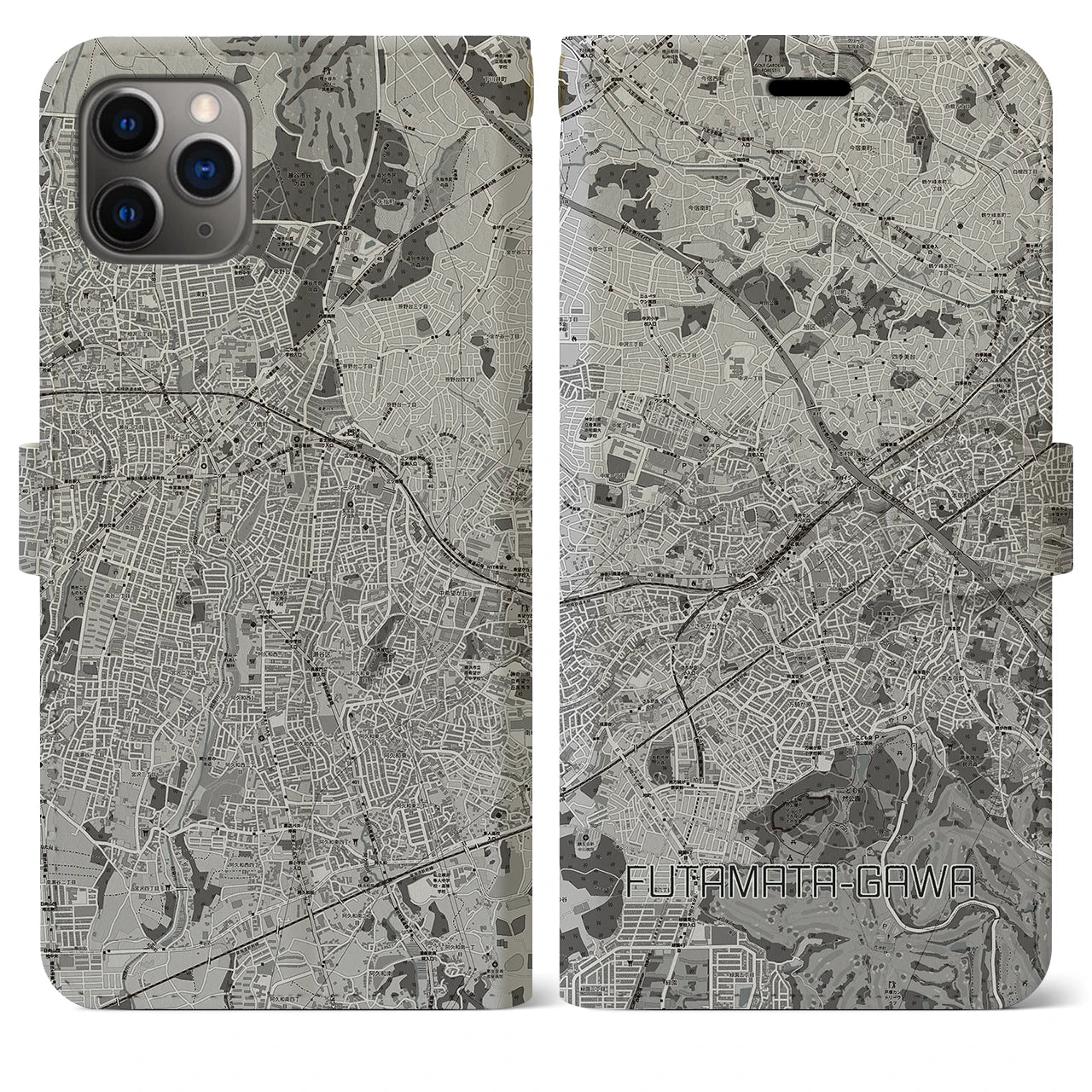 【二俣川(神奈川県)】地図柄iPhoneケース(手帳タイプ)モノトーン・iPhone 11 Pro Max 用