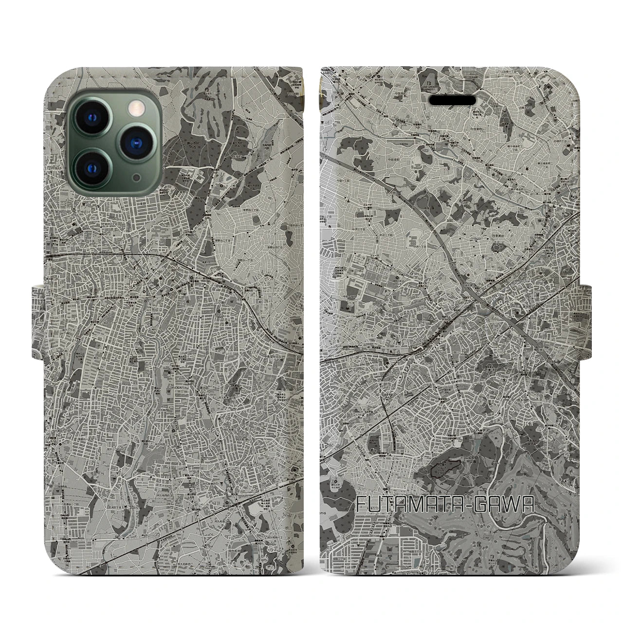 【二俣川(神奈川県)】地図柄iPhoneケース(手帳タイプ)モノトーン・iPhone 11 Pro 用