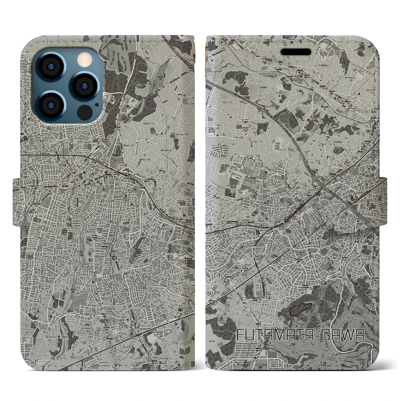【二俣川(神奈川県)】地図柄iPhoneケース(手帳タイプ)モノトーン・iPhone 12 / 12 Pro 用